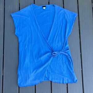Vintage 80s blue surplice wrap top with cap sleeves, lettuce hem